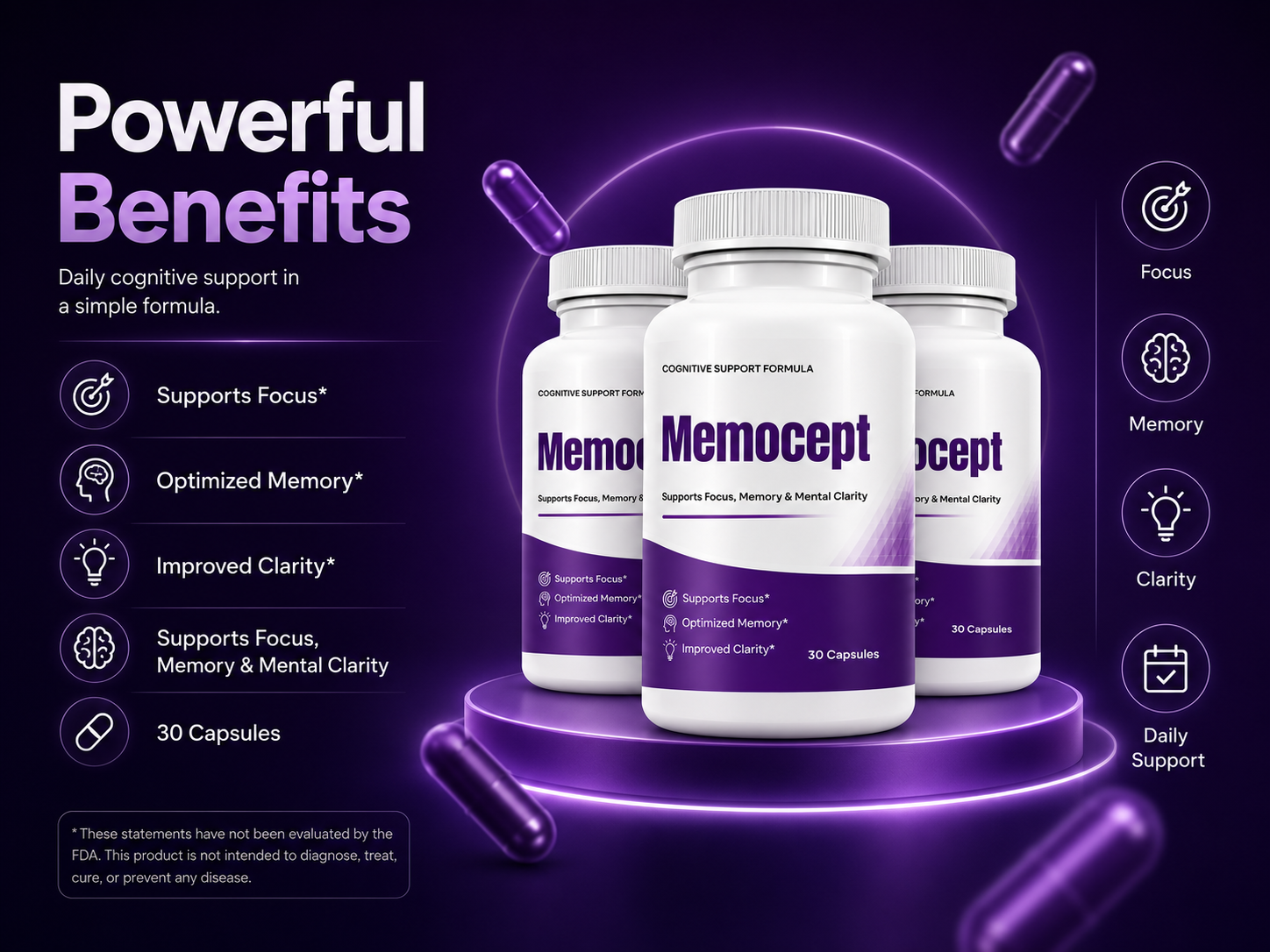 Memocept powerful benefits: focus, memory, clarity and daily support