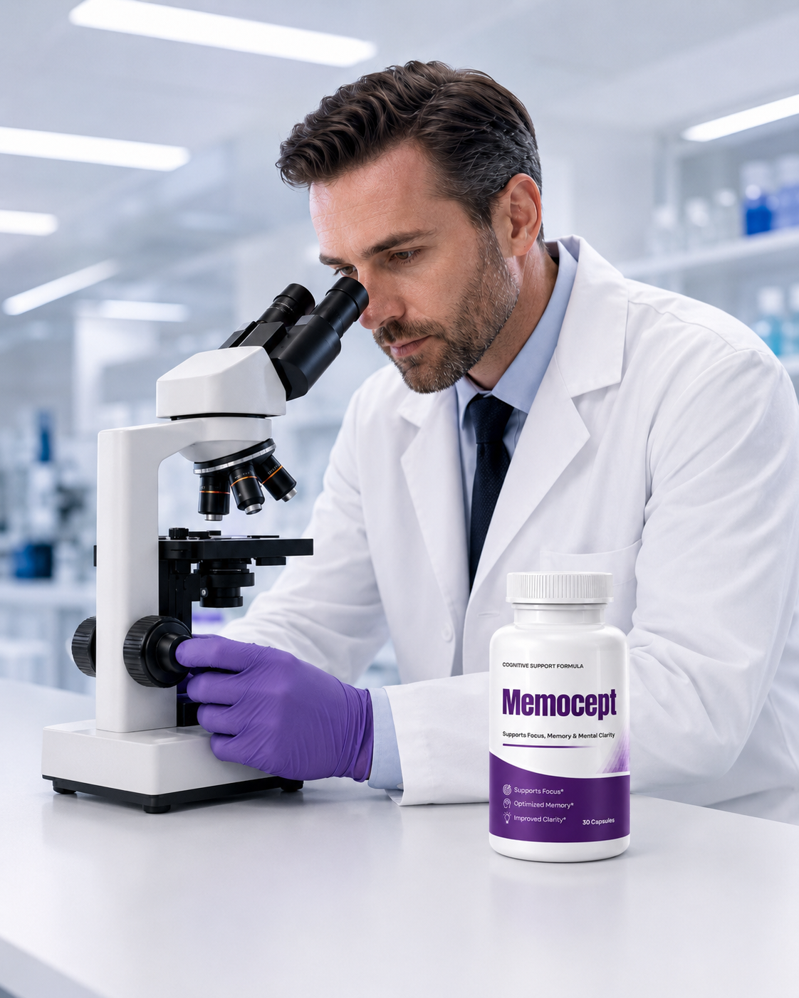 Researcher examining Memocept's formula under a microscope