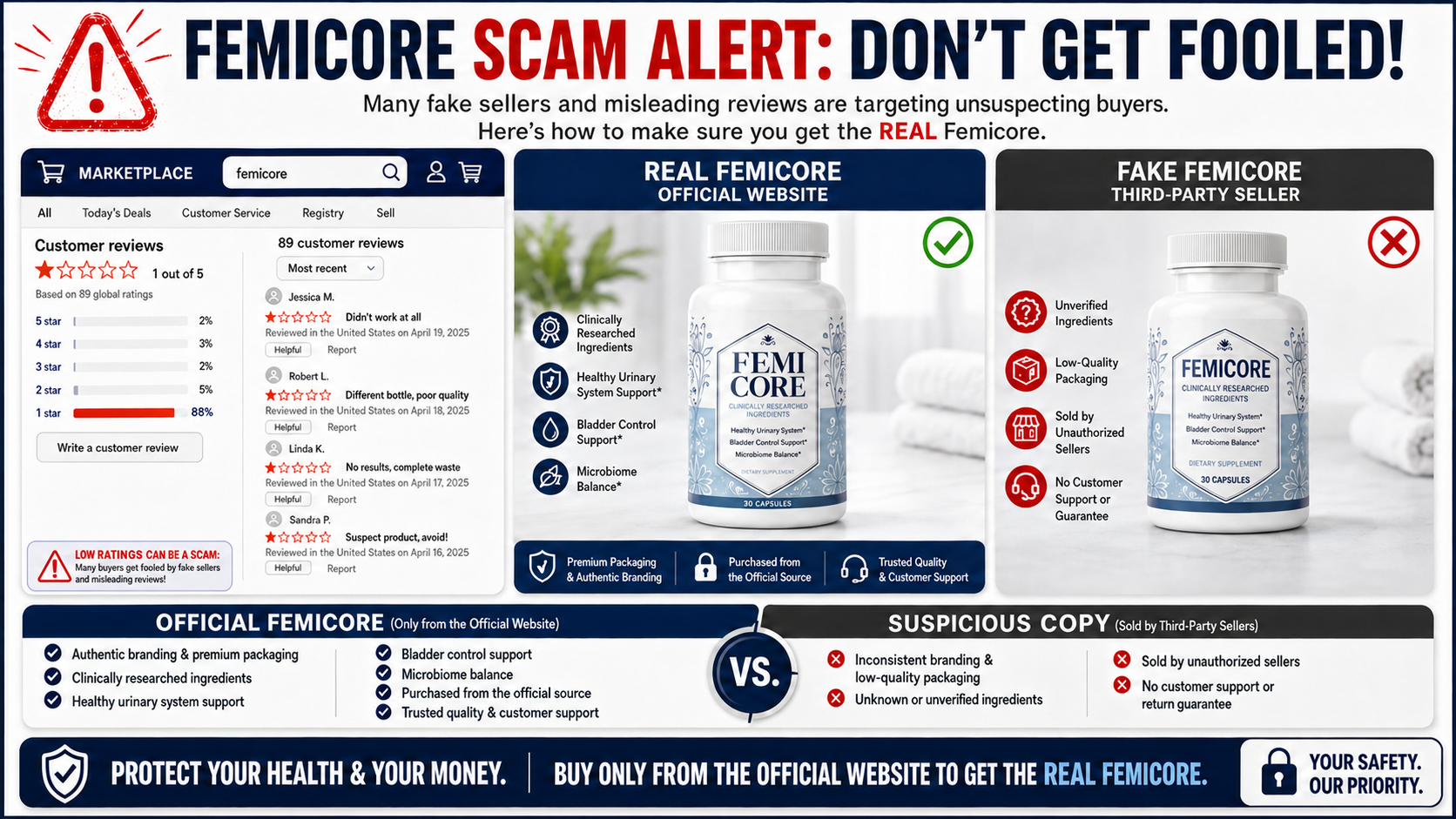 FemiCore complaints comparison: official product versus fake third-party version