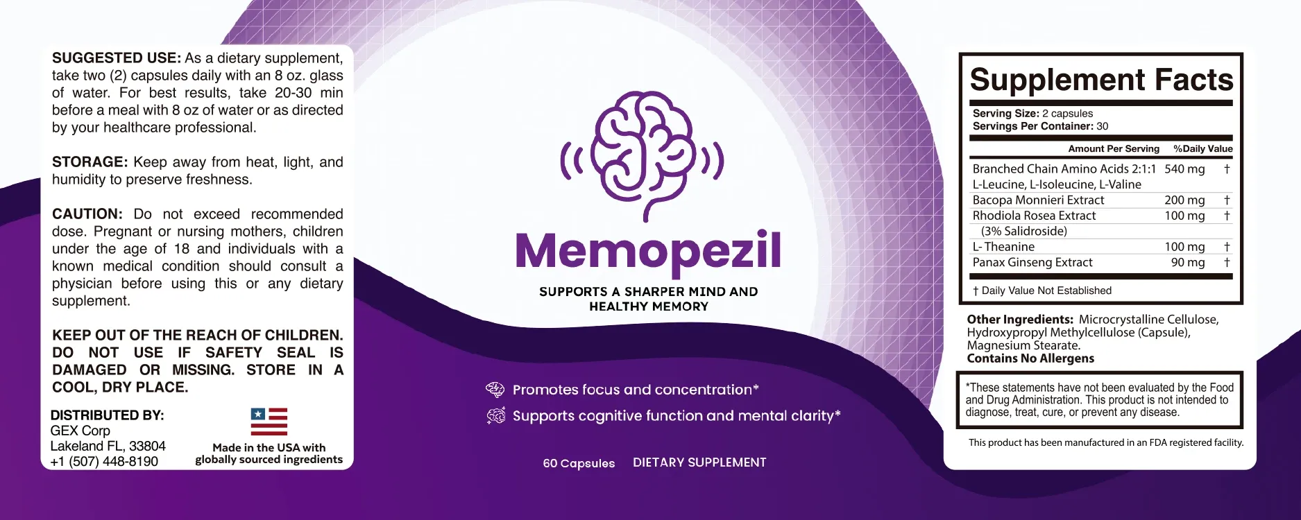 Memopezil Supplement Facts label